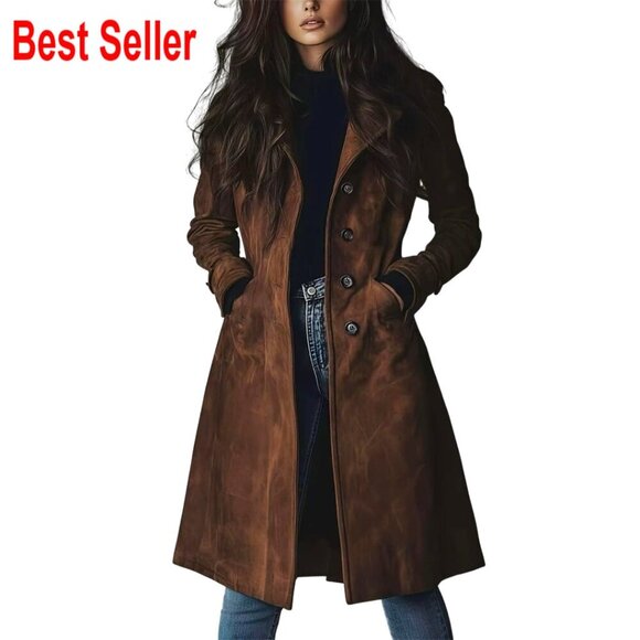 Jackets & Blazers - Faux Suede Trench Coat Classic Slim Fit Elegant Long Overcoat with Pockets